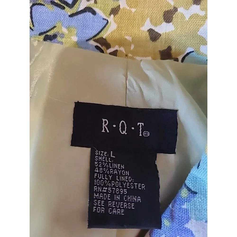 R.Q.T  Linen Blend Floral 70s Blazer Jacket Womens L Lined‎ Cottage Core Pockets